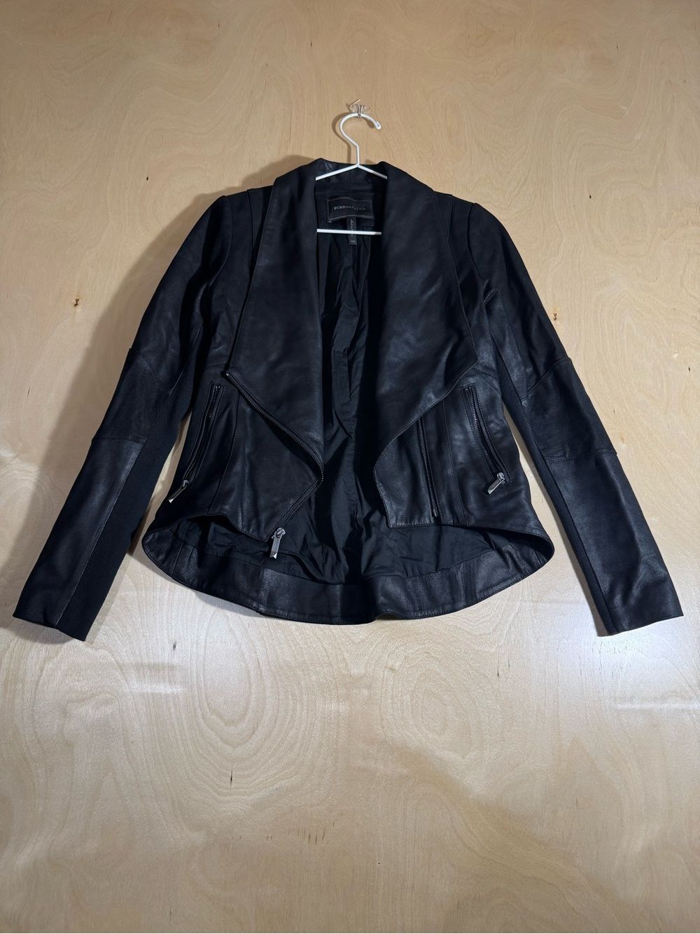 BCBGMaxAzria Black Draped Leather Moto Jacket Size XXS